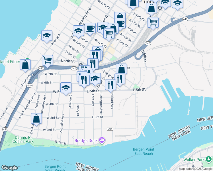 map of restaurants, bars, coffee shops, grocery stores, and more near 57 East 5th Street in Bayonne