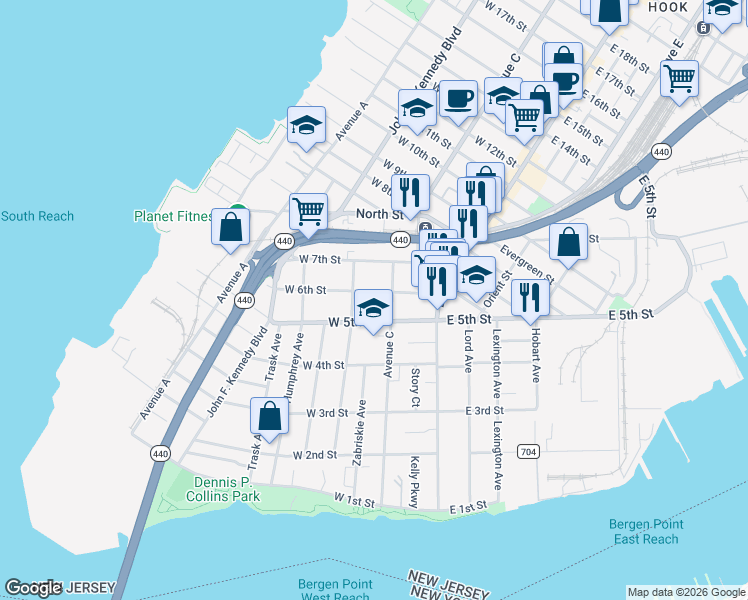 map of restaurants, bars, coffee shops, grocery stores, and more near 63 West 5th Street in Bayonne