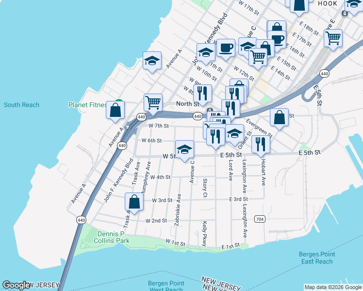 map of restaurants, bars, coffee shops, grocery stores, and more near 63 West 5th Street in Bayonne