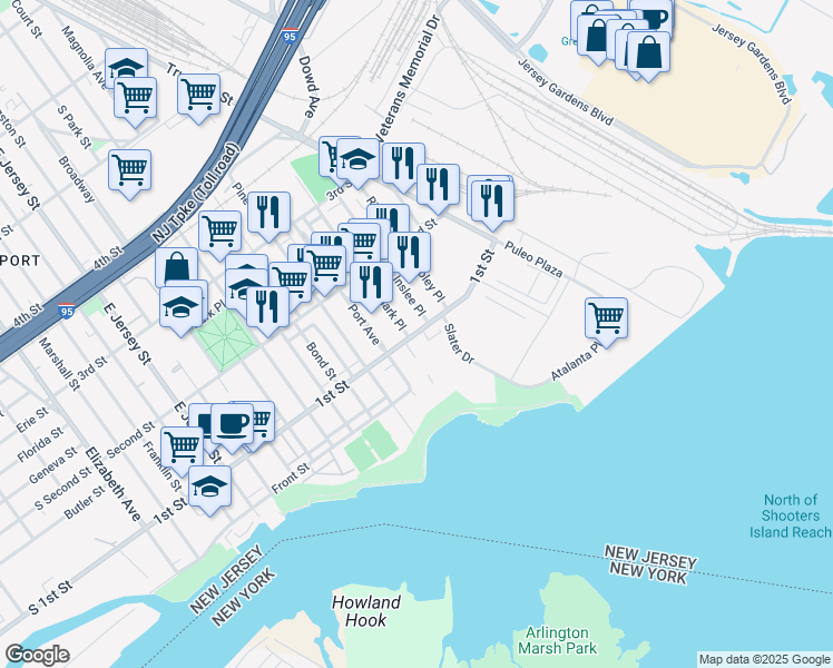map of restaurants, bars, coffee shops, grocery stores, and more near 100 Clark Place in Elizabeth