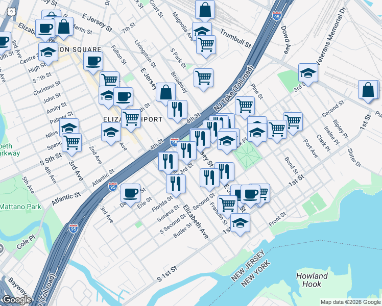 map of restaurants, bars, coffee shops, grocery stores, and more near 307 Franklin Street in Elizabeth