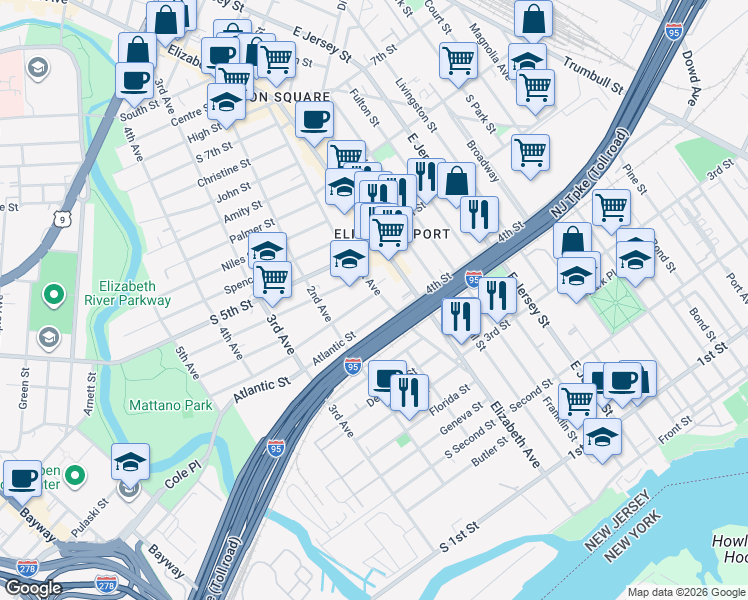 map of restaurants, bars, coffee shops, grocery stores, and more near 368 1st Avenue in Elizabeth