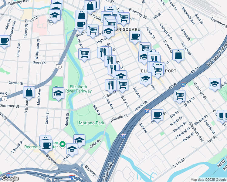 map of restaurants, bars, coffee shops, grocery stores, and more near 313 Loomis Street in Elizabeth