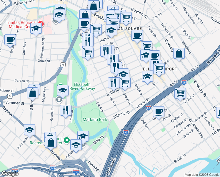 map of restaurants, bars, coffee shops, grocery stores, and more near 400 South 5th Street in Elizabeth