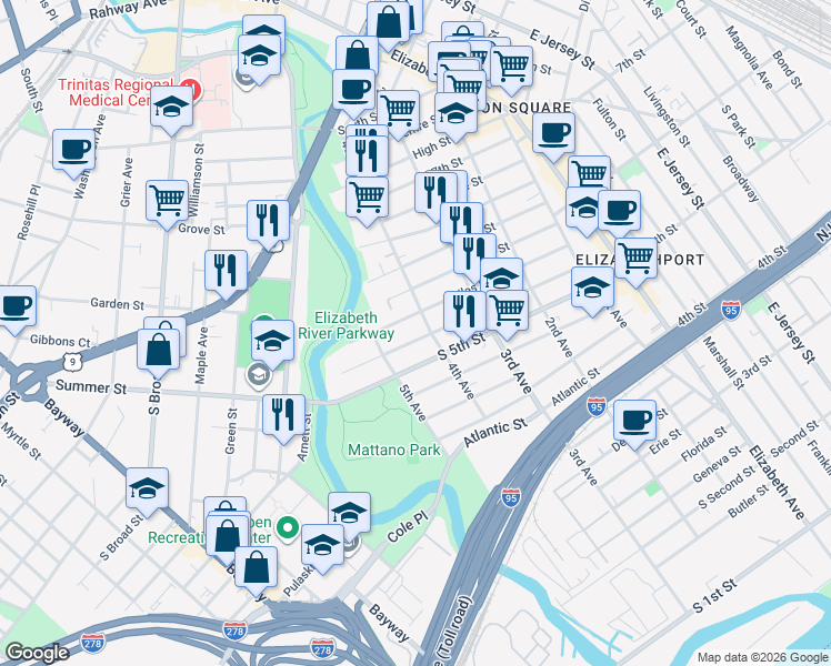 map of restaurants, bars, coffee shops, grocery stores, and more near 424-426 Spencer Street in Elizabeth