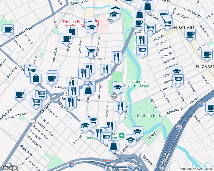 map of restaurants, bars, coffee shops, grocery stores, and more near 533 Green Street in Elizabeth
