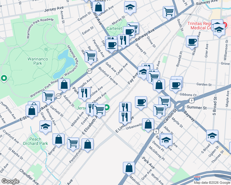 map of restaurants, bars, coffee shops, grocery stores, and more near 2113 Fay Avenue in Linden