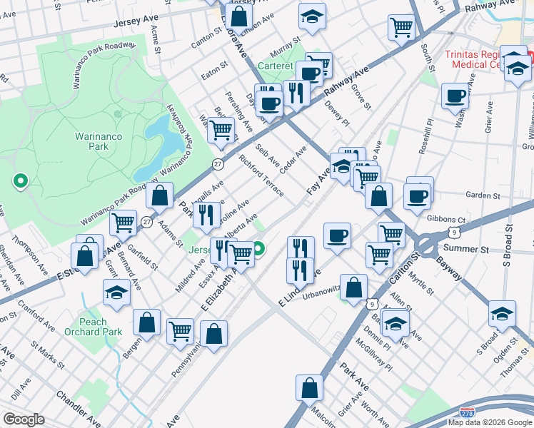 map of restaurants, bars, coffee shops, grocery stores, and more near 2113 Fay Avenue in Linden