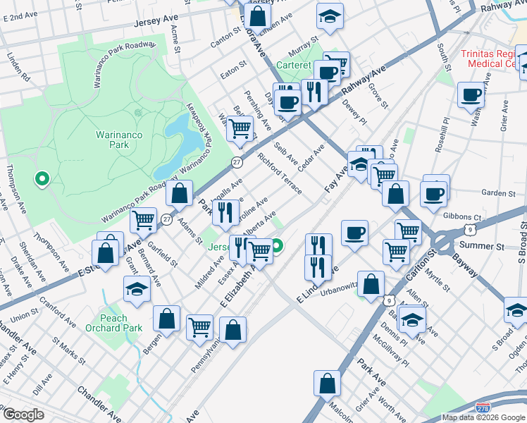 map of restaurants, bars, coffee shops, grocery stores, and more near 2040 Alberta Avenue in Linden
