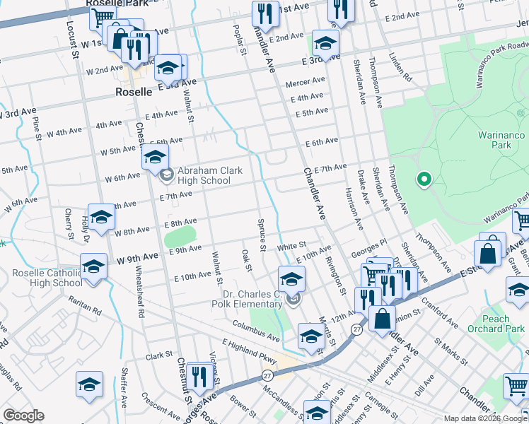 map of restaurants, bars, coffee shops, grocery stores, and more near 375 9th Avenue in Roselle