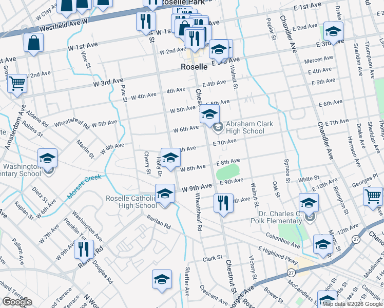 map of restaurants, bars, coffee shops, grocery stores, and more near 136 West 8th Avenue in Roselle