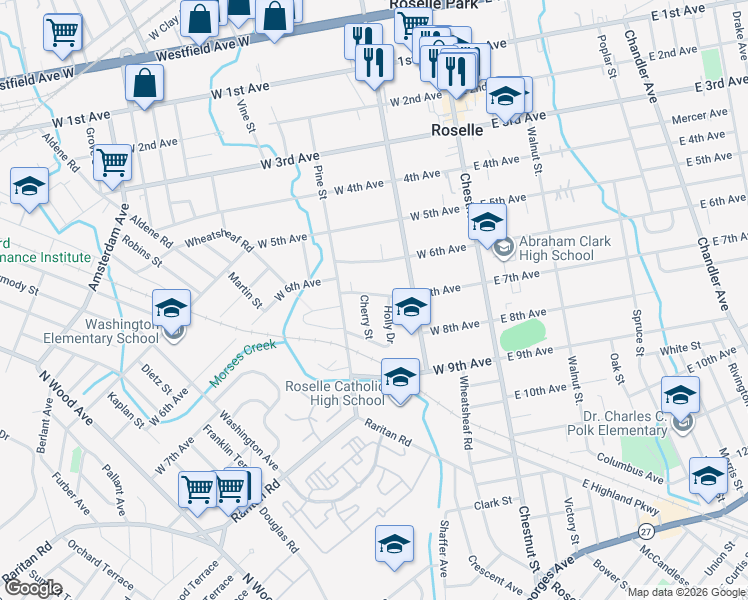 map of restaurants, bars, coffee shops, grocery stores, and more near 217 Cherry Street in Roselle