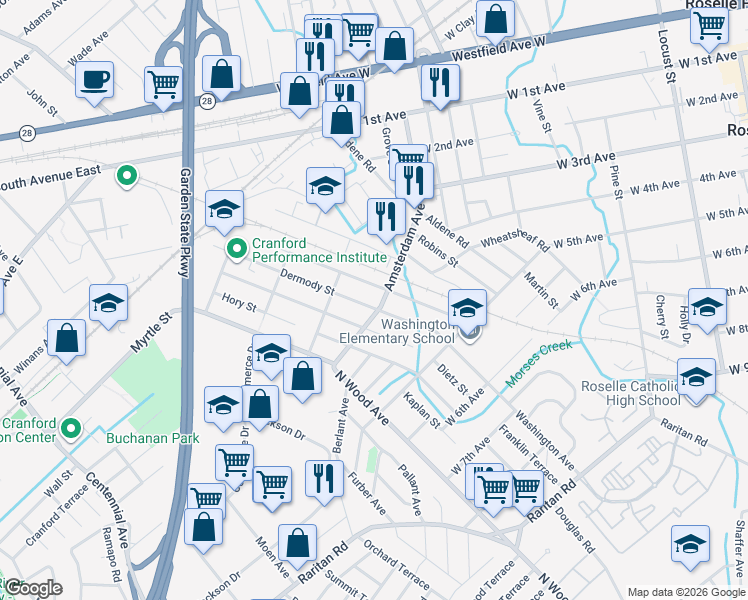 map of restaurants, bars, coffee shops, grocery stores, and more near 327 Dietz Street in Roselle