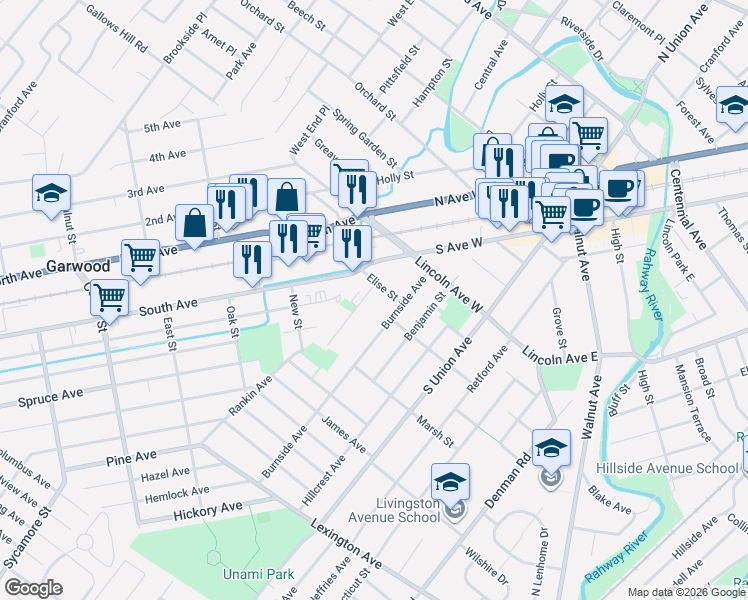 map of restaurants, bars, coffee shops, grocery stores, and more near 38 Burnside Avenue in Cranford