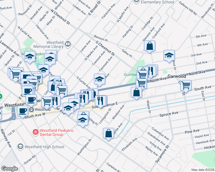 map of restaurants, bars, coffee shops, grocery stores, and more near 522 North Avenue East in Westfield