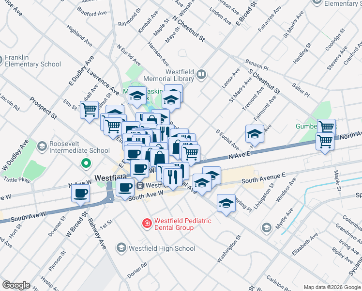 map of restaurants, bars, coffee shops, grocery stores, and more near 210 Elmer Street in Westfield