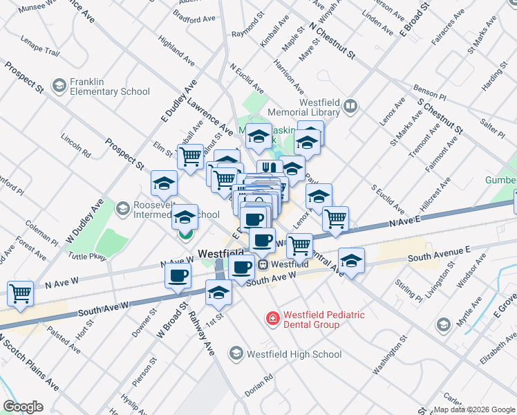map of restaurants, bars, coffee shops, grocery stores, and more near 43 Elm Street in Westfield