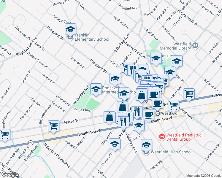 map of restaurants, bars, coffee shops, grocery stores, and more near 201 Tuttle Parkway in Westfield