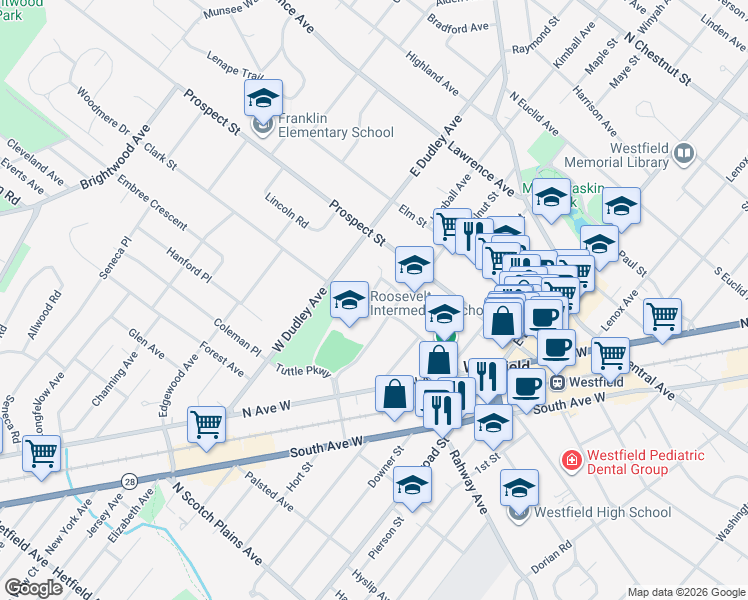 map of restaurants, bars, coffee shops, grocery stores, and more near 201 Tuttle Parkway in Westfield