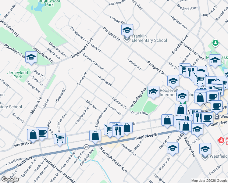 map of restaurants, bars, coffee shops, grocery stores, and more near 318 Edgewood Avenue in Westfield