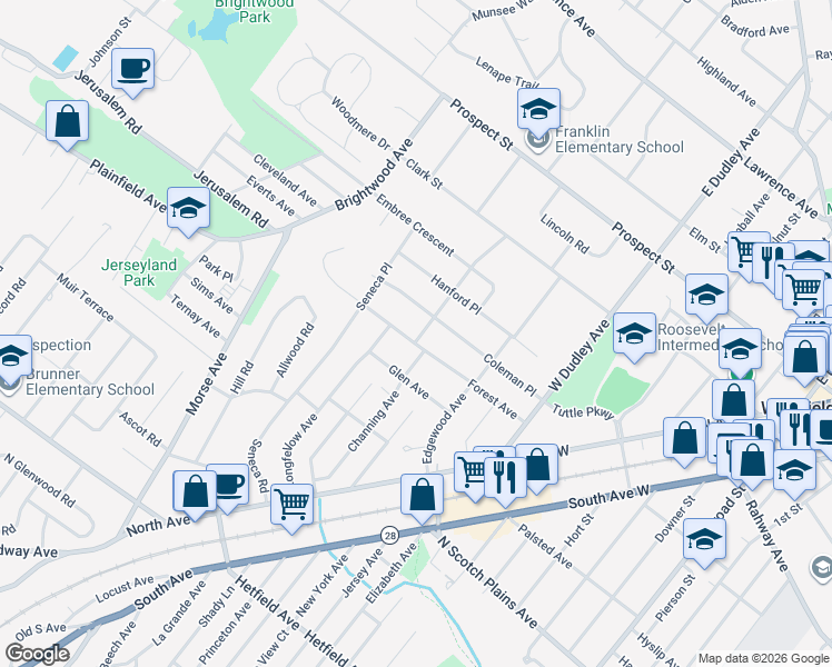 map of restaurants, bars, coffee shops, grocery stores, and more near 711 Forest Avenue in Westfield