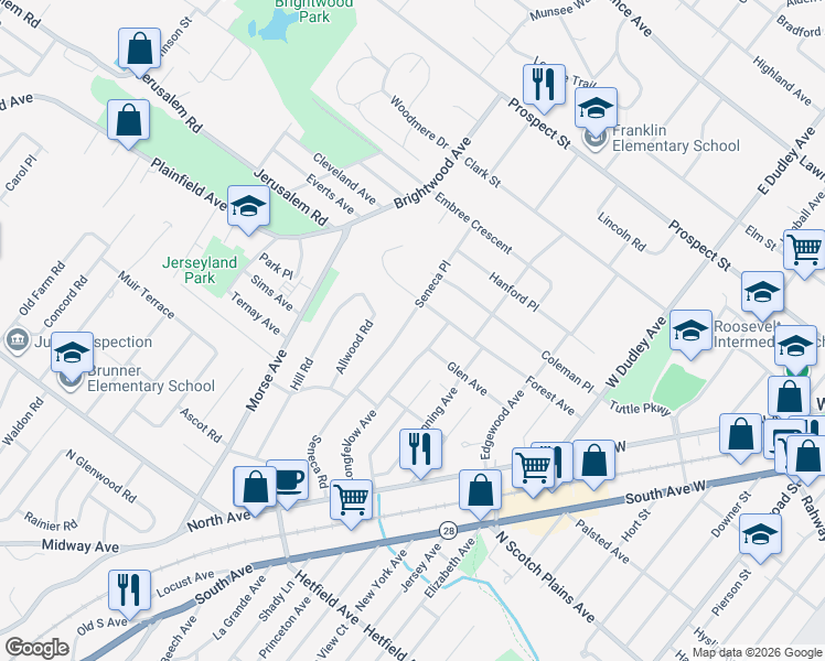 map of restaurants, bars, coffee shops, grocery stores, and more near 430 Longfellow Avenue in Westfield