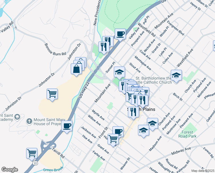 map of restaurants, bars, coffee shops, grocery stores, and more near 309 Cedar Grove Terrace in Scotch Plains