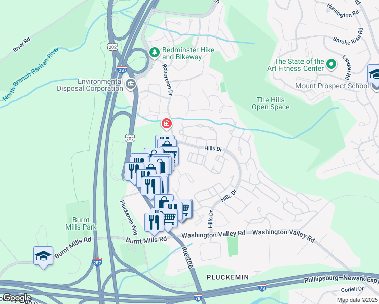 map of restaurants, bars, coffee shops, grocery stores, and more near 40 Foxwood Court in Bedminster