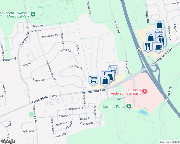 map of restaurants, bars, coffee shops, grocery stores, and more near 4935 Chelsea Drive in Bethlehem