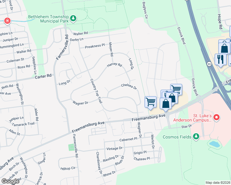 map of restaurants, bars, coffee shops, grocery stores, and more near 5000 Wagner Drive in Bethlehem