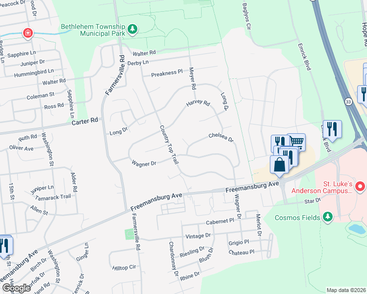 map of restaurants, bars, coffee shops, grocery stores, and more near 5060 Chelsea Drive in Bethlehem