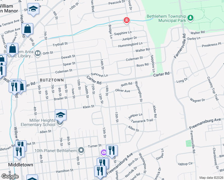 map of restaurants, bars, coffee shops, grocery stores, and more near 2430 14th Street in Bethlehem