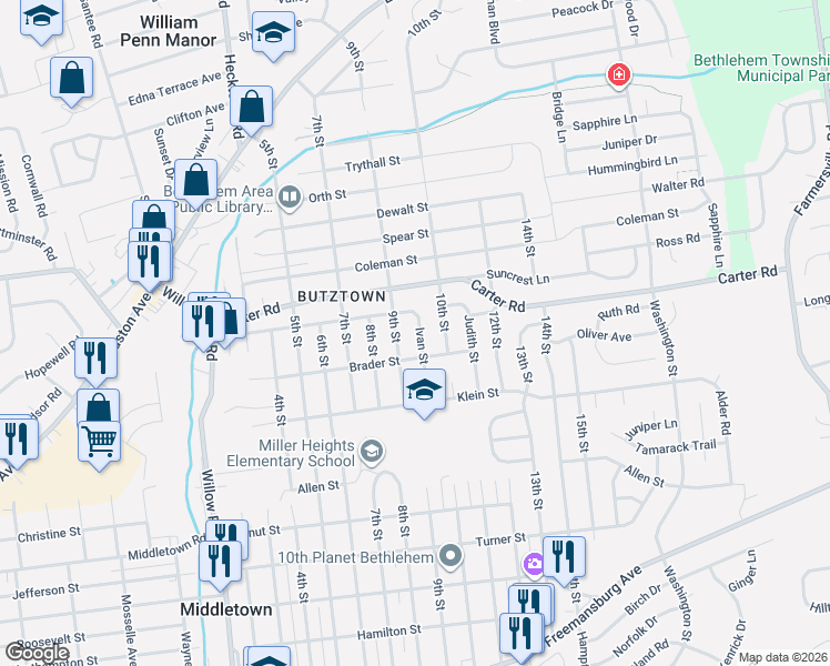 map of restaurants, bars, coffee shops, grocery stores, and more near 3701 Brader Street in Bethlehem