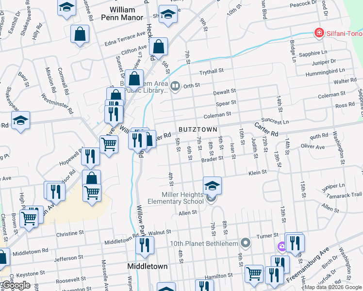 map of restaurants, bars, coffee shops, grocery stores, and more near 2531 5th Street in Bethlehem