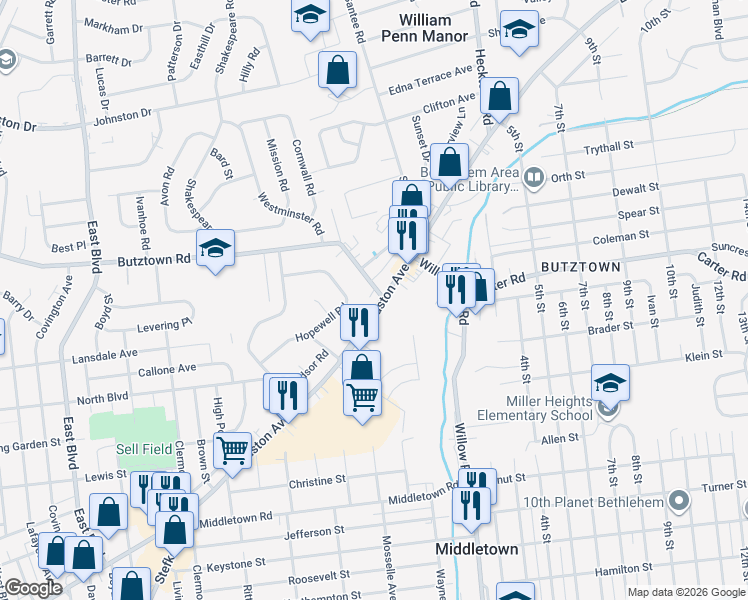 map of restaurants, bars, coffee shops, grocery stores, and more near 3015 Easton Avenue in Bethlehem