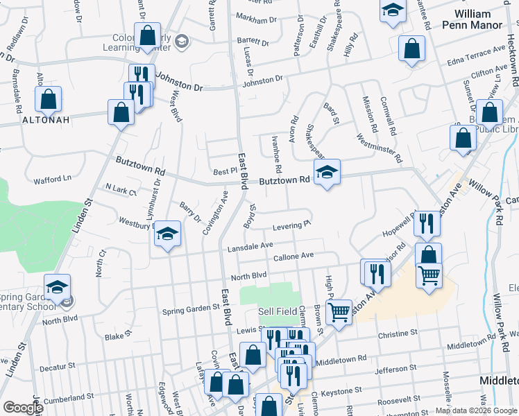 map of restaurants, bars, coffee shops, grocery stores, and more near 2652 Boyd Street in Bethlehem