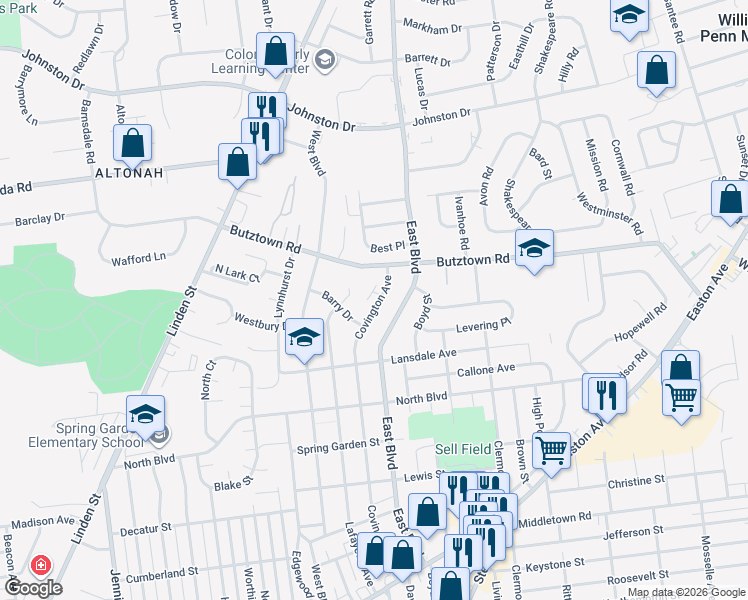 map of restaurants, bars, coffee shops, grocery stores, and more near 1369 Barry Drive in Bethlehem