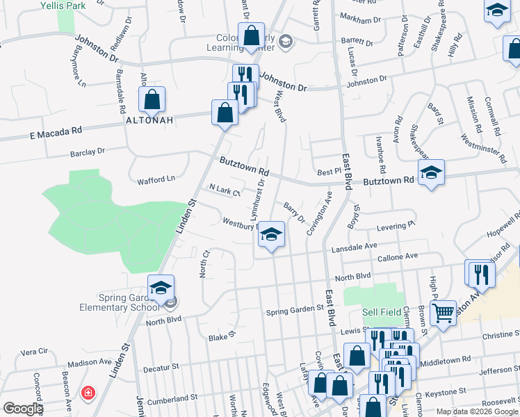 map of restaurants, bars, coffee shops, grocery stores, and more near 1219 Westbury Drive in Bethlehem