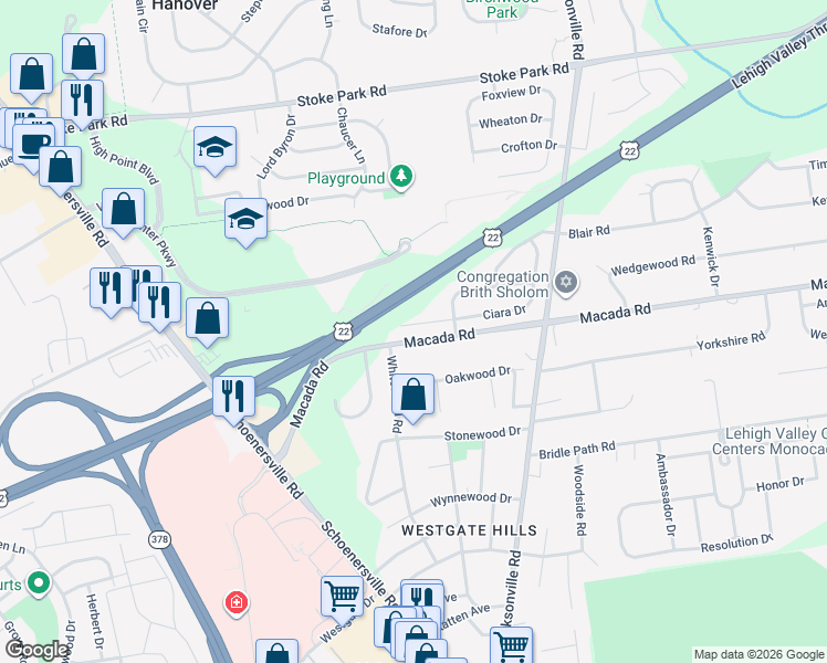 map of restaurants, bars, coffee shops, grocery stores, and more near 1425 Macada Road in Bethlehem