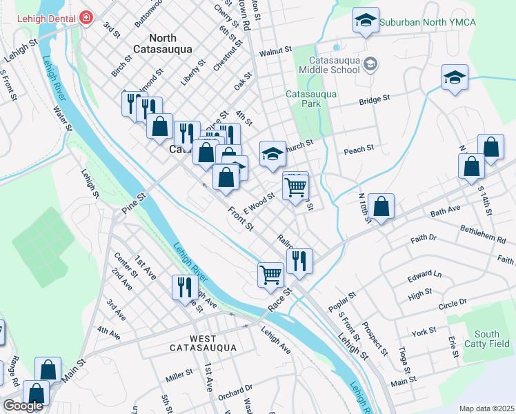 map of restaurants, bars, coffee shops, grocery stores, and more near 131 East Wood Street in Catasauqua