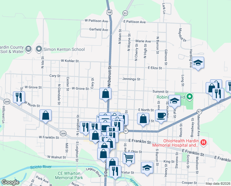 map of restaurants, bars, coffee shops, grocery stores, and more near 334 North Detroit Street in Kenton