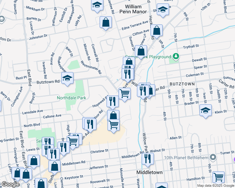 map of restaurants, bars, coffee shops, grocery stores, and more near 3171 Easton Avenue in Bethlehem