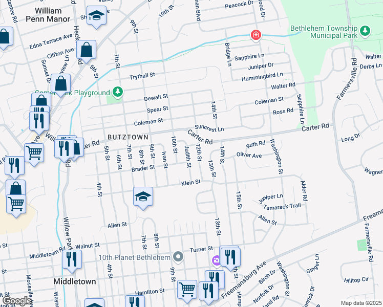 map of restaurants, bars, coffee shops, grocery stores, and more near 2516 Judith Street in Bethlehem