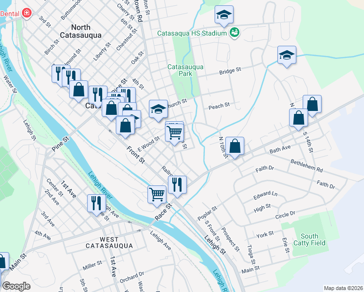 map of restaurants, bars, coffee shops, grocery stores, and more near 127 Howertown Road in Catasauqua