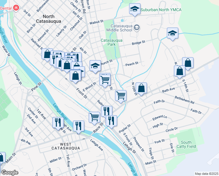 map of restaurants, bars, coffee shops, grocery stores, and more near 317 Mulberry Street in Catasauqua