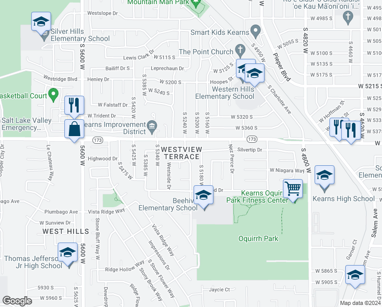 map of restaurants, bars, coffee shops, grocery stores, and more near 5217 Silvertip Drive in Kearns
