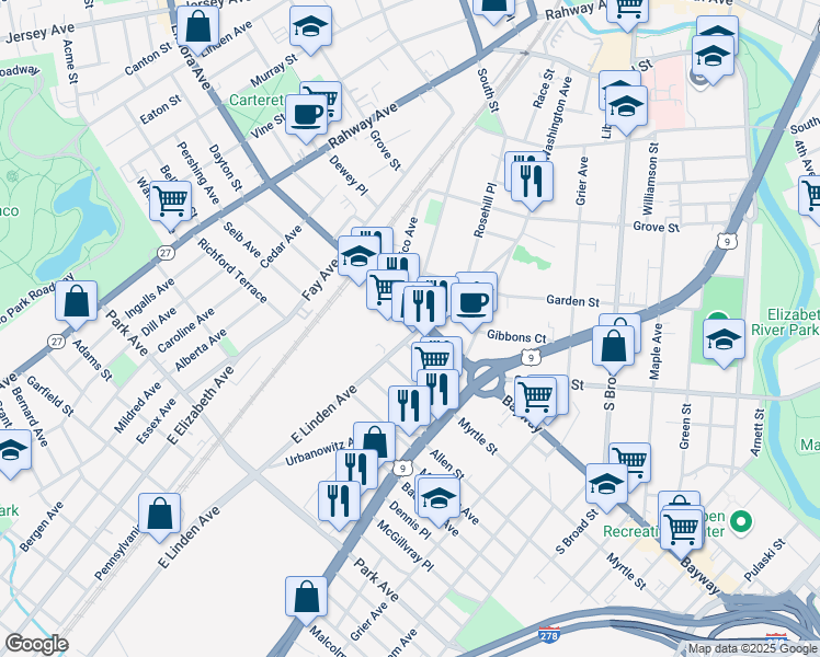 map of restaurants, bars, coffee shops, grocery stores, and more near 711 Lidgerwood Avenue in Elizabeth