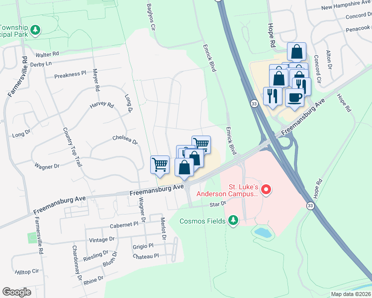 map of restaurants, bars, coffee shops, grocery stores, and more near 4773 Freemansburg Avenue in Easton