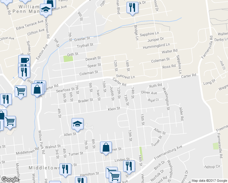 map of restaurants, bars, coffee shops, grocery stores, and more near 2516 Judith Street in Bethlehem