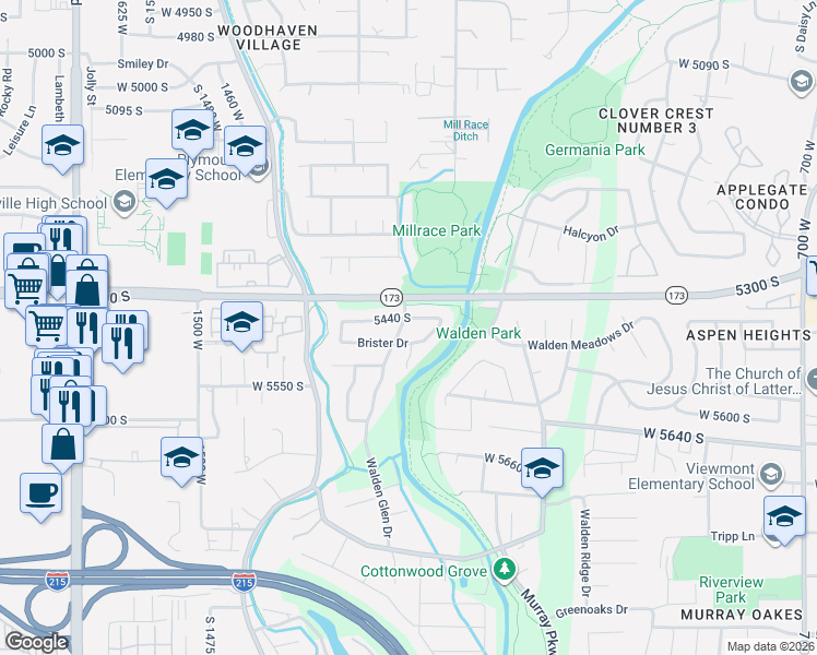 map of restaurants, bars, coffee shops, grocery stores, and more near 5459 Walden Glen Drive in Murray